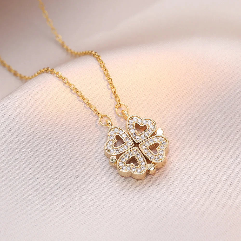 Sparkling Heart-shaped Four Leaf Clover Zircon Pendant Necklace Deformed 4-in-1 Love Titanium Steel Necklace Jewelry