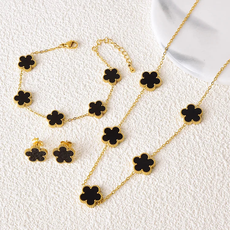 Five Leaf Flower Jewelry Set Stainless Steel Gold Plated Bracelet Necklace Earrings Plum Blossom Plant