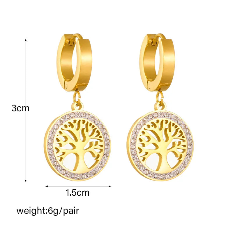 Stainless Steel Heart Tree Pendant Necklace Earrings For Women Girl Non-fading Chain Choker Jewelry Set
