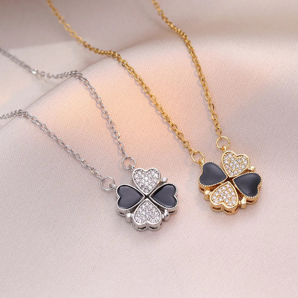 Sparkling Heart-shaped Four Leaf Clover Zircon Pendant Necklace Deformed 4-in-1 Love Titanium Steel Necklace Jewelry