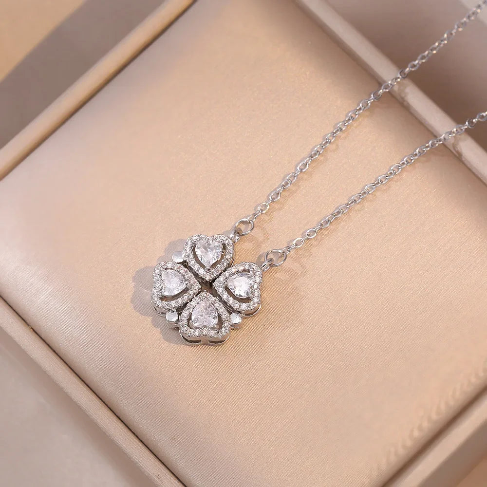 Sparkling Heart-shaped Four Leaf Clover Zircon Pendant Necklace Deformed 4-in-1 Love Titanium Steel Necklace Jewelry