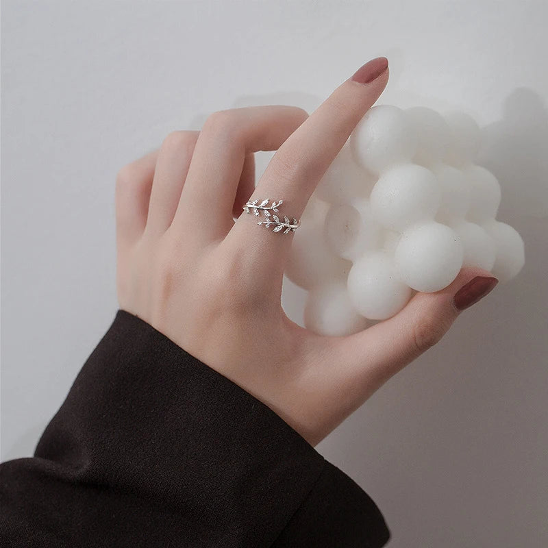 Sterling Silver Zirconia Leaf Branch Adjustable Rings
