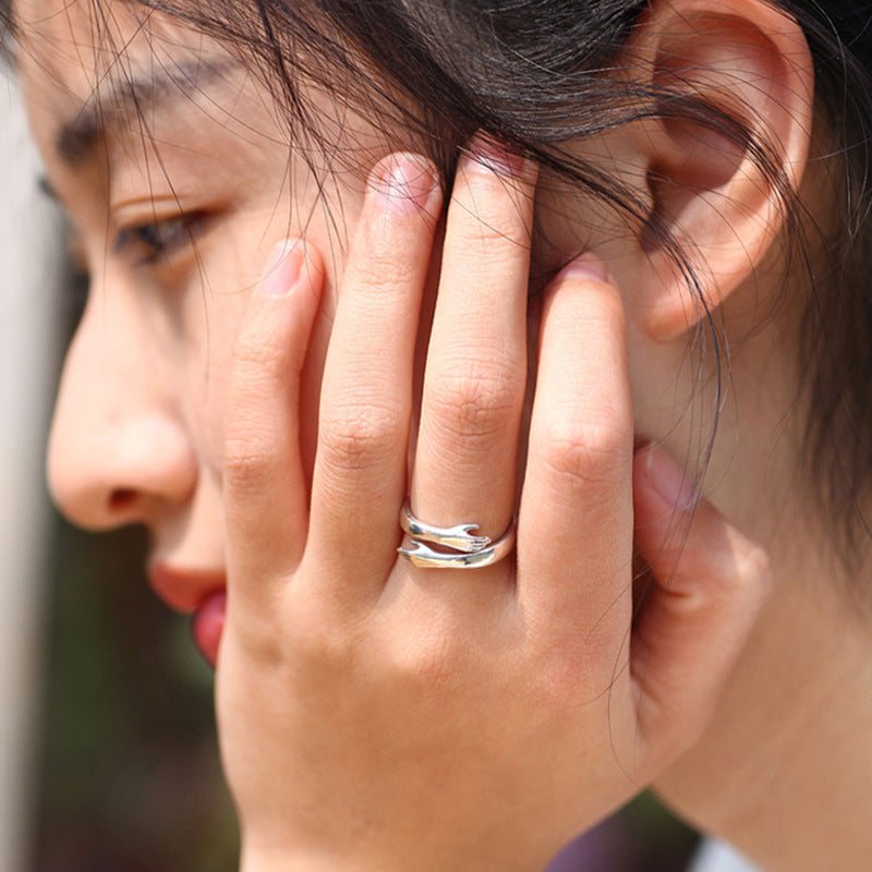 Jewelry Love Hug Couple Ring Female Male Retro Doing Old Live Mouth Ring Japanese Korean Version Thai Silver Tail Ring