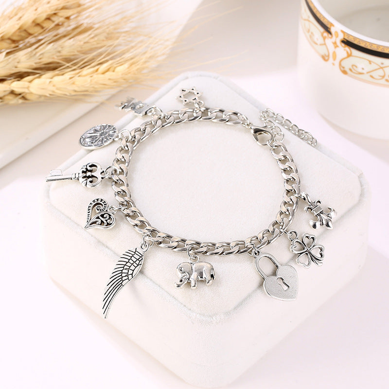 Elephant Letter Four Leaf Clover Pendant Bracelet