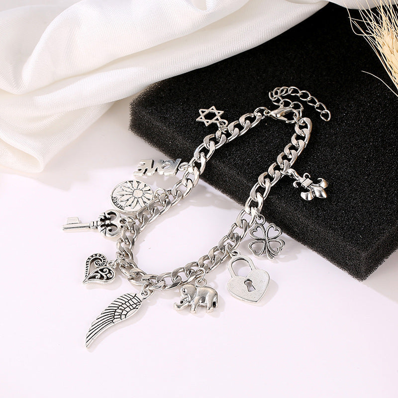 Elephant Letter Four Leaf Clover Pendant Bracelet