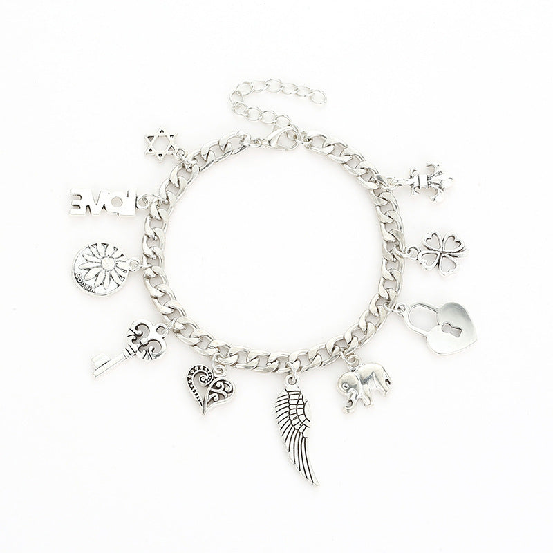Elephant Letter Four Leaf Clover Pendant Bracelet