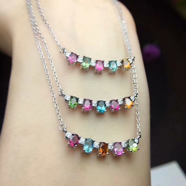 Natural Tourmaline Clavicle Chain 925 Silver Platinum Plated 925 Silver