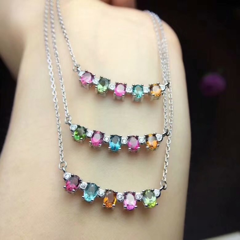 Natural Tourmaline Clavicle Chain 925 Silver Platinum Plated 925 Silver