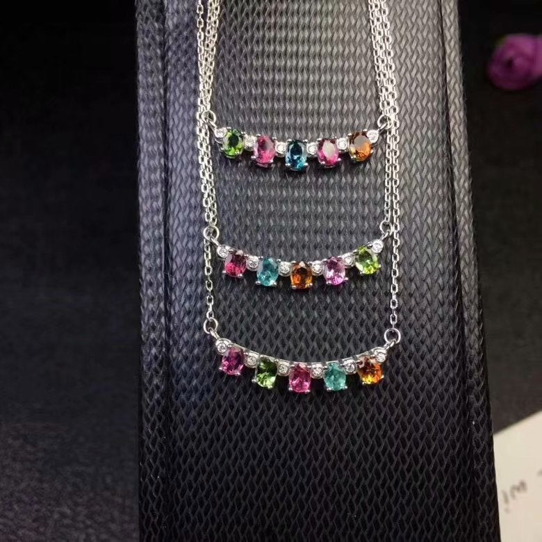 Natural Tourmaline Clavicle Chain 925 Silver Platinum Plated 925 Silver