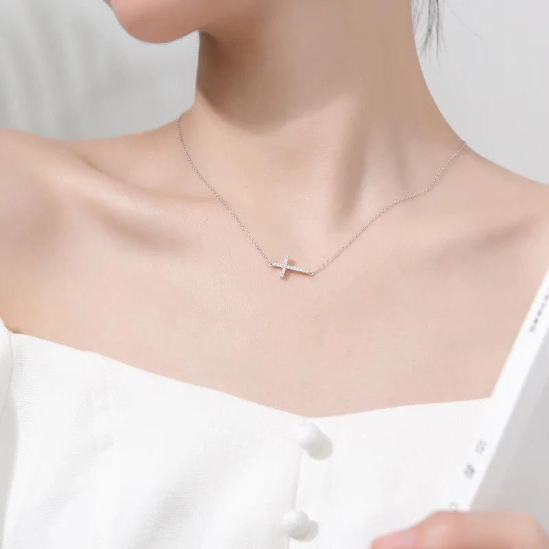 Sterling Silver Sideway Cross CZ Pendant Necklace for Women Girls jewellery