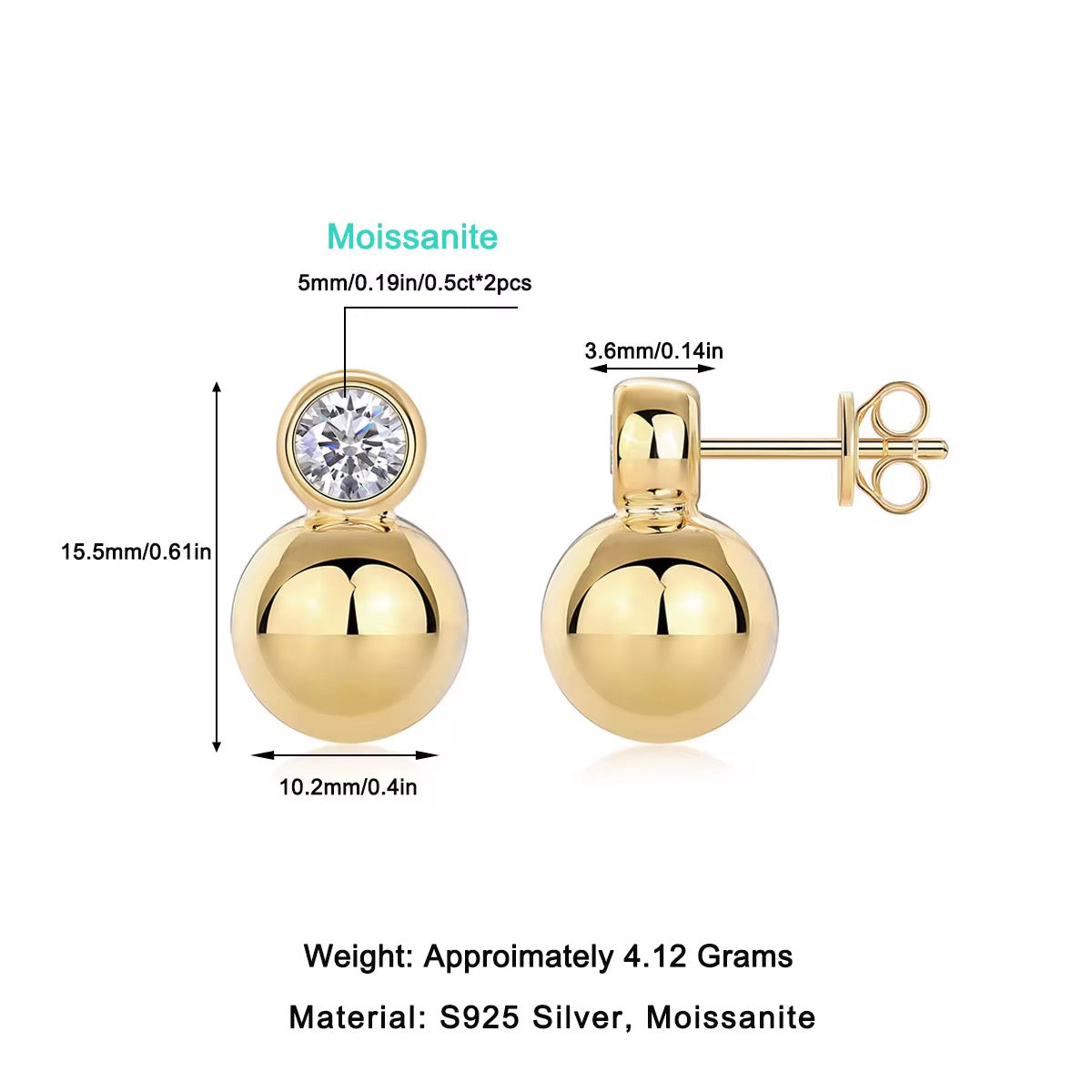 18K Gold Plated Sterling Silver Moissanite D Color Stud Earrings Christmas Collection