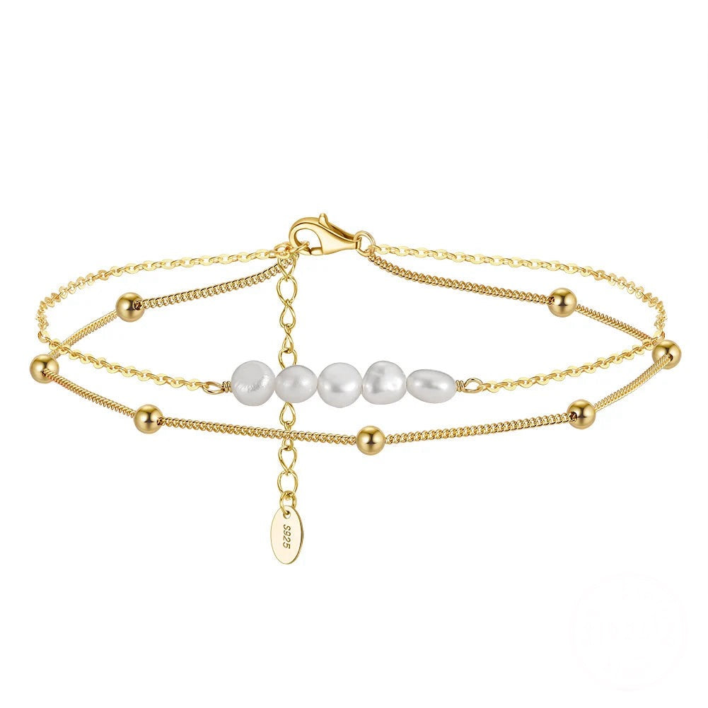 925 Sterling Silver Layered Freshwater Pearl & Cable Chain Anklet for Women