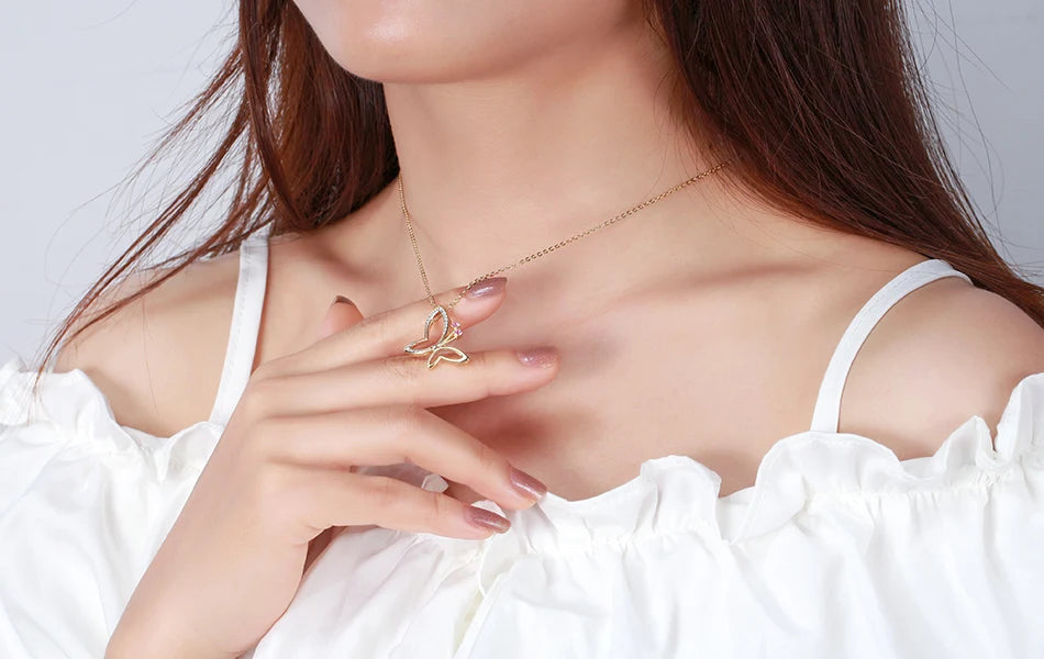 925 Sterling Silver Butterfly Necklaces Pendant 14K Gold plated Necklace for Women Jewellery