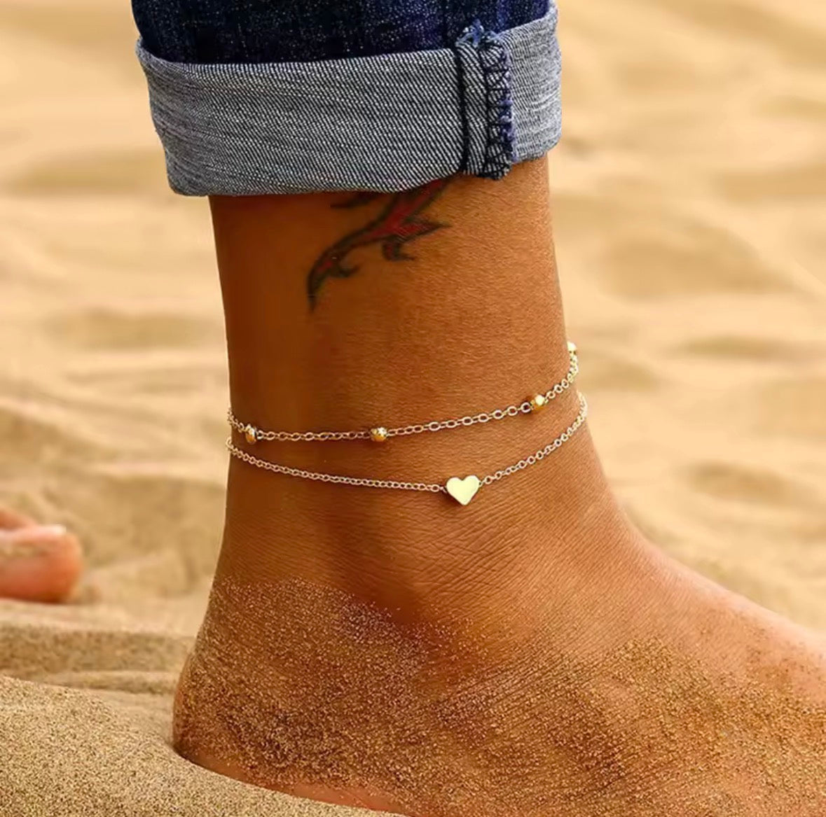 Double Layer heart and cross border Anklet