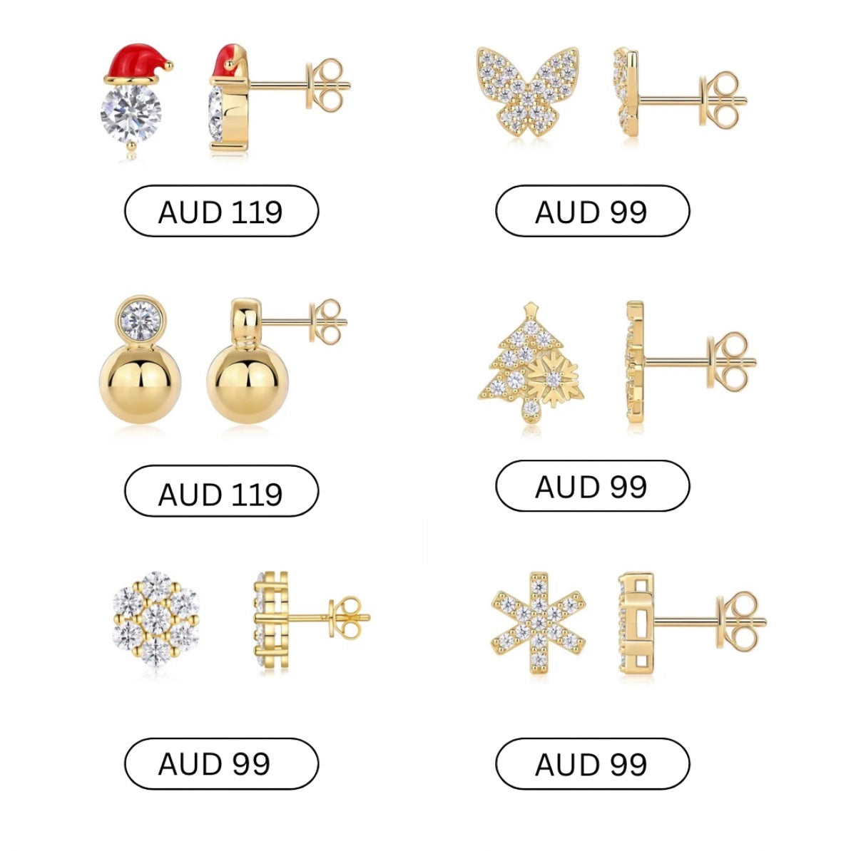 18K Gold Plated Sterling Silver Moissanite D Color Stud Earrings Christmas Collection