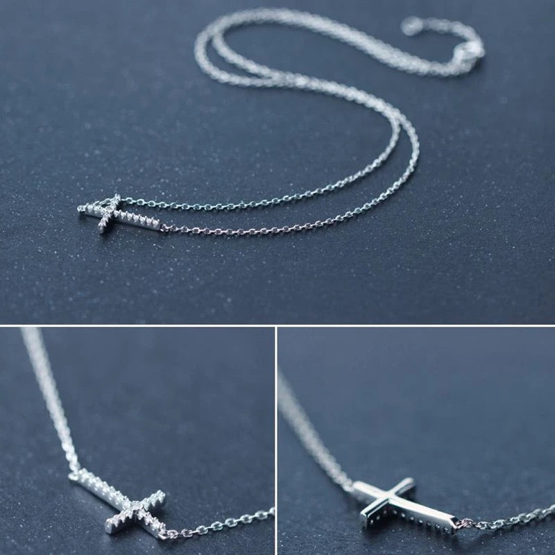 Sterling Silver Sideway Cross CZ Pendant Necklace for Women Girls jewellery