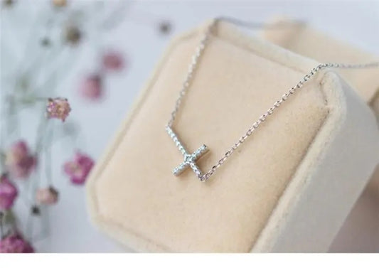 Sterling Silver Sideway Cross CZ Pendant Necklace for Women Girls jewellery