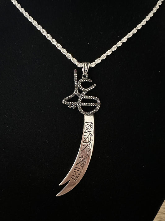 Zulfiqar Sword Islamic Jewellery Zirconium Sterling Silver Pendant Necklace