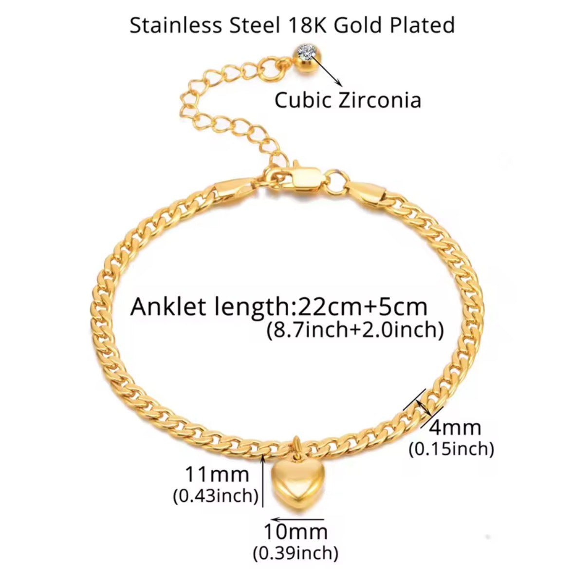 Stainless Steel Heart Charm Anklet