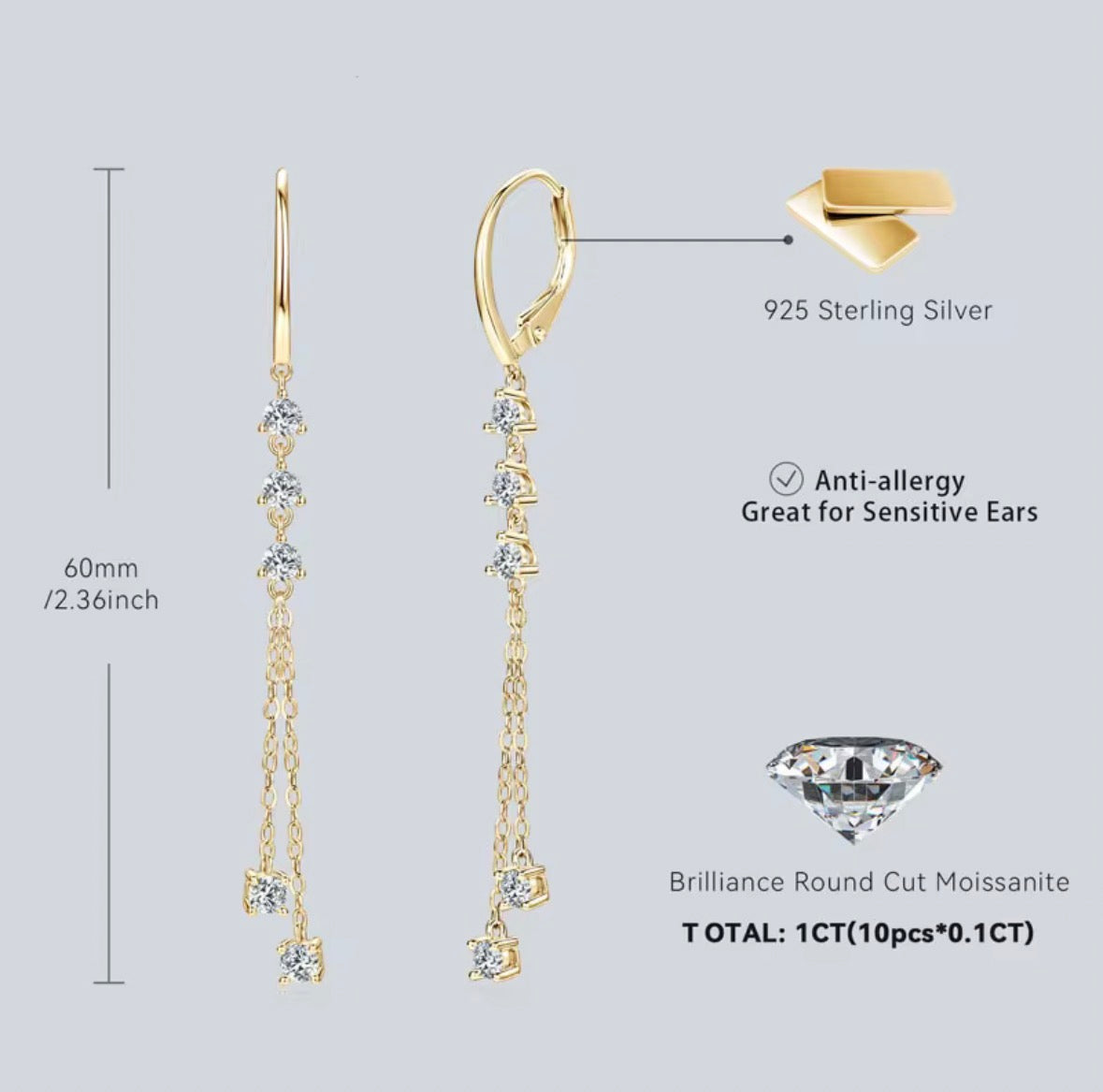 Sterling Silver Moissanite Drop Chain multiple Stone Earrings