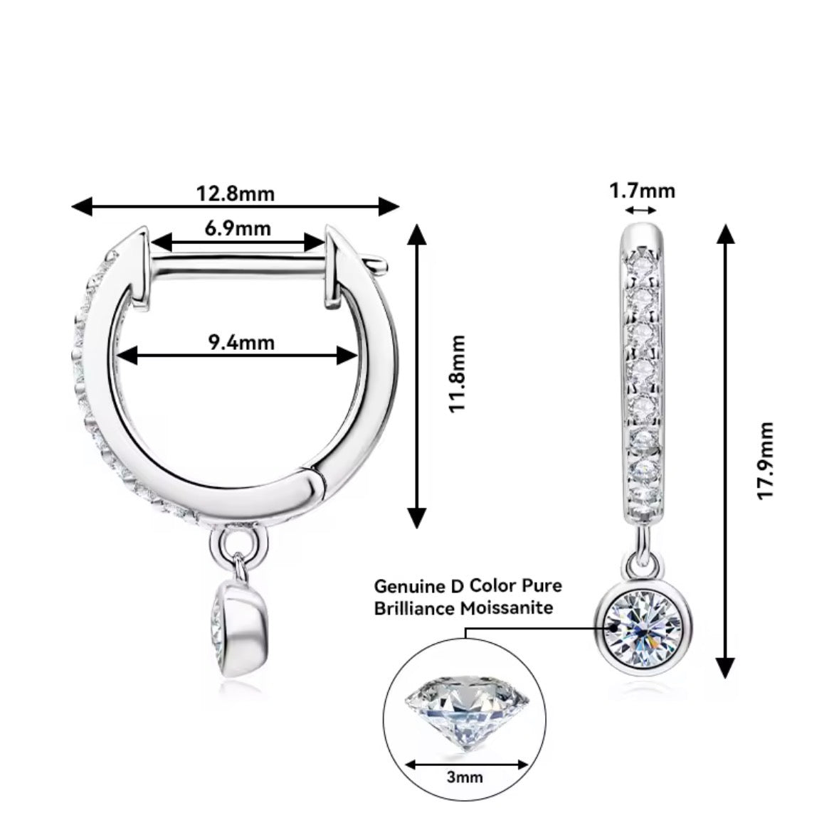 Sterling Silver Moissanite Hoop Drop Earrings