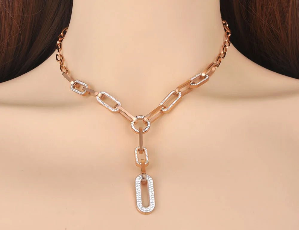 Hiphop/Rock Titanium Stainless Steel Crystal Paperclip Chain & Link Necklace