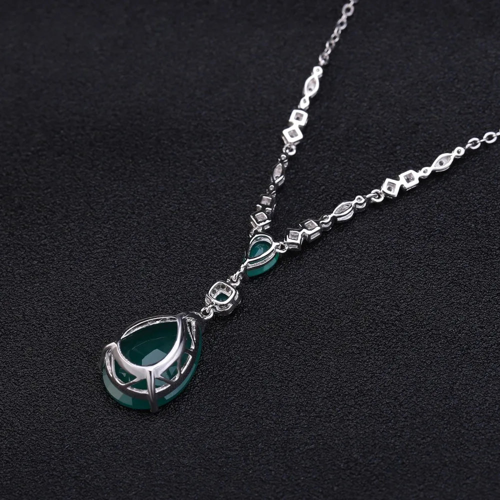 Natural Green Agate Gemstone Pendant Necklace Sterling Silver Vintage Jewelry