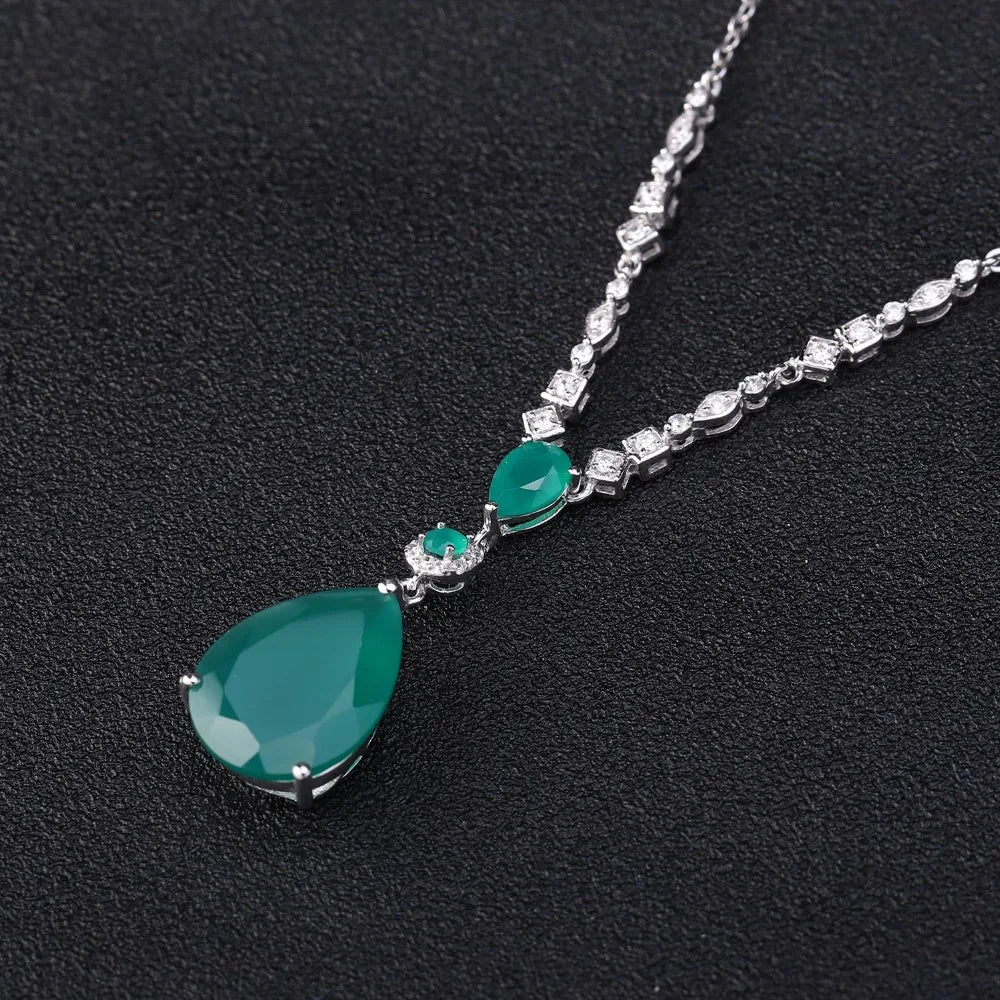 Natural Green Agate Gemstone Pendant Necklace Sterling Silver Vintage Jewelry