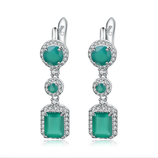 Natural Green Agate Drop Earrings Sterling Silver Vintage Earrings