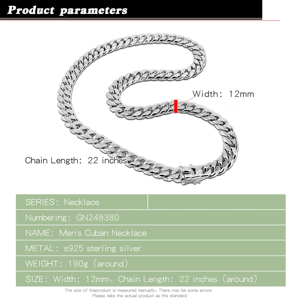 Hip Hop Paved Ruggedly Wide 12MM Curb Cuban Chain 925 Sterling Silver Necklace Necklaces For Men
