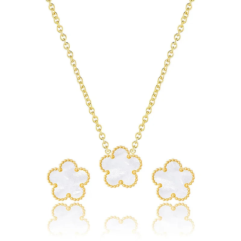 Five Clover Leaf Flower Stainless Steel Gold plated Necklace & Earrings Set for Women