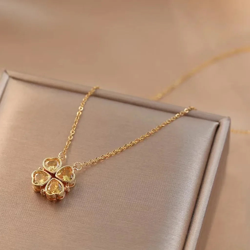 Sparkling Heart-shaped Four Leaf Clover Zircon Pendant Necklace Deformed 4-in-1 Love Titanium Steel Necklace Jewelry