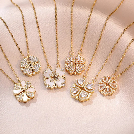 Sparkling Heart-shaped Four Leaf Clover Zircon Pendant Necklace Deformed 4-in-1 Love Titanium Steel Necklace Jewelry