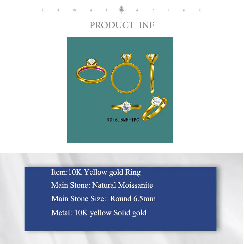Natural Moissanite 14K 10K Yellow gold Ring for Women Round 1ct 2ct Solitaire Engagement ring wedding cluster bridal Women Girls