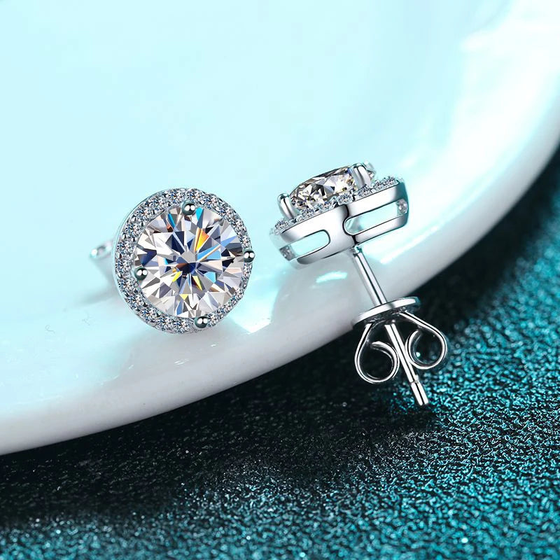 1ct D Color Moissanite Sterling Sliver Halo Stud Earrings For Women