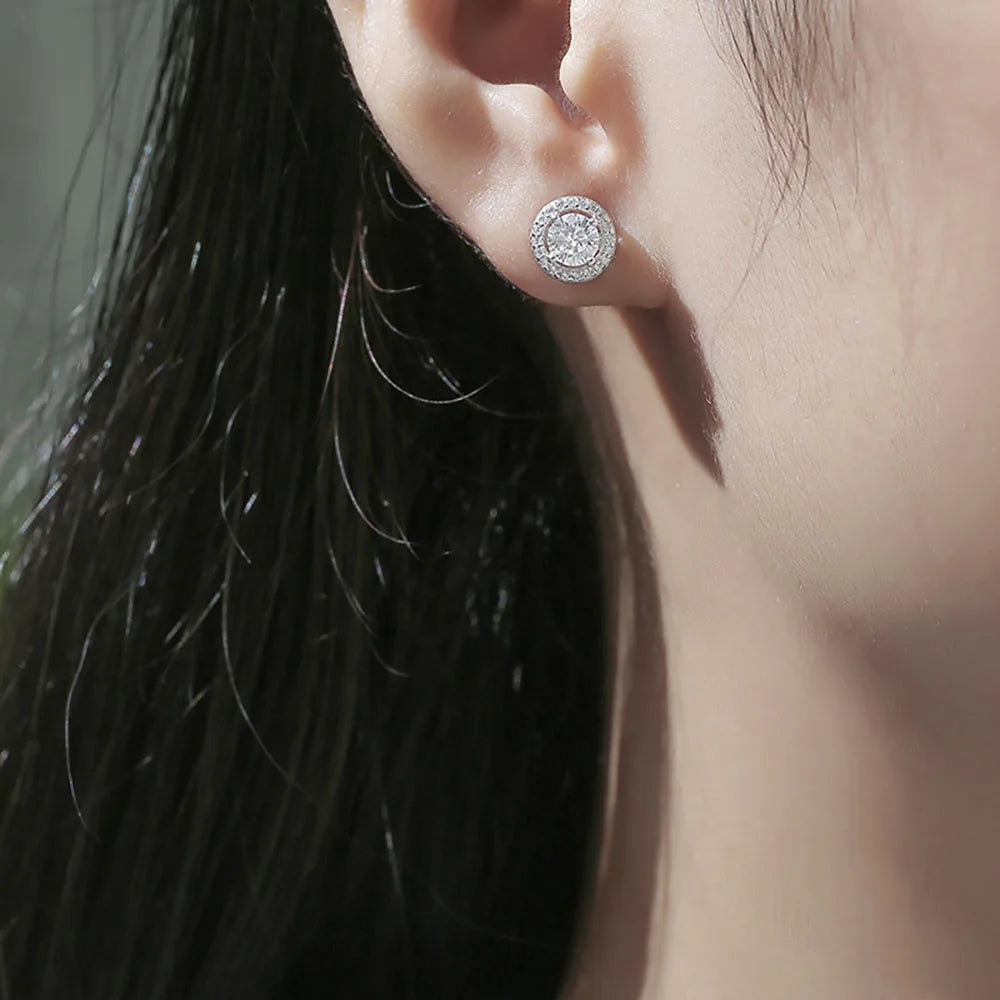 Moissanite Sterling Silver Round Halo Studs Earrings