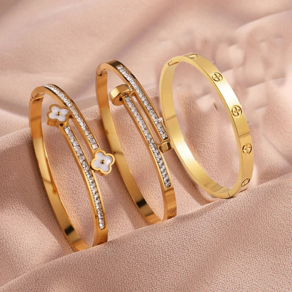 3Pcs/Sets Stainless Steel Clover Flower Cross Nail Bracelet for Women