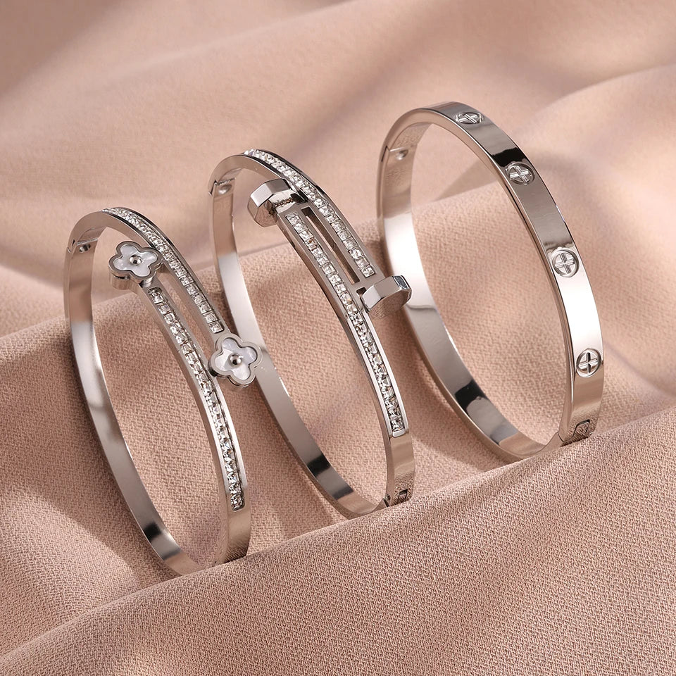 3Pcs/Sets Stainless Steel Clover Flower Cross Nail Bracelet for Women