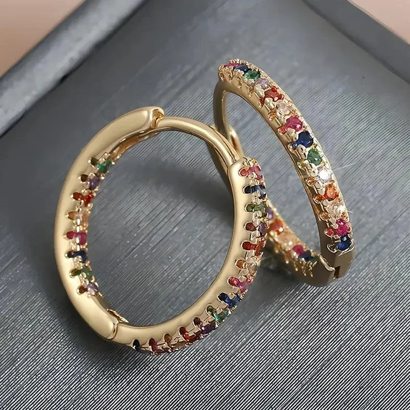 Fashionable Gold plated Hoop Earrings With Random Colored Zirconia For Women