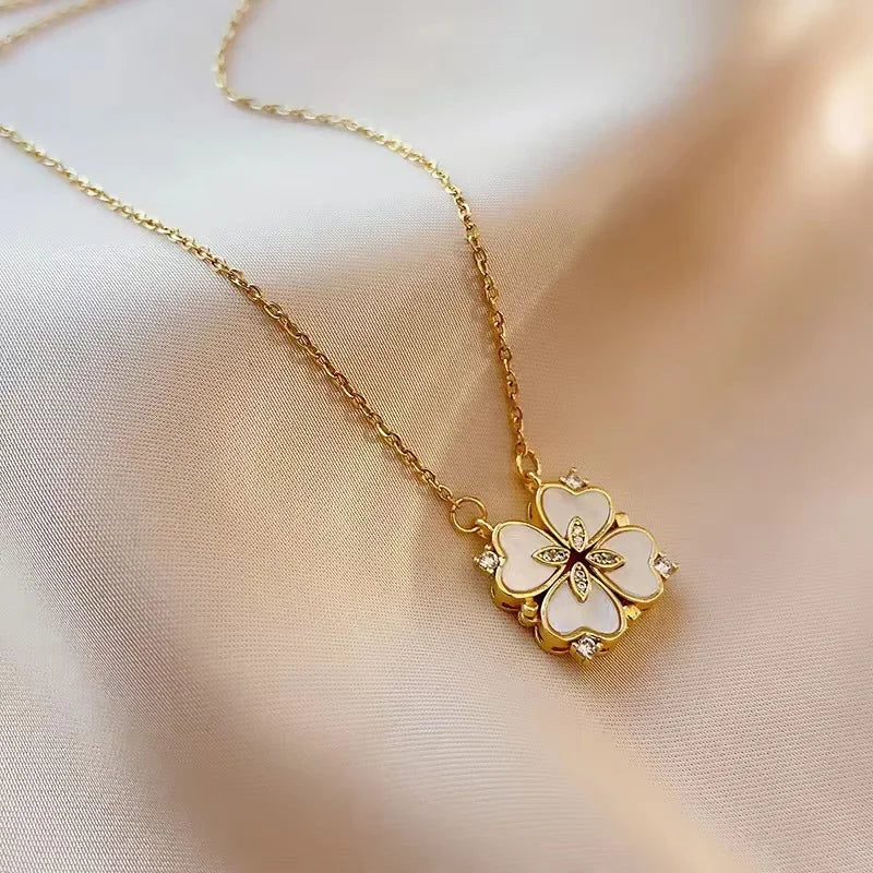 Sparkling Heart-shaped Four Leaf Clover Zircon Pendant Necklace Deformed 4-in-1 Love Titanium Steel Necklace Jewelry