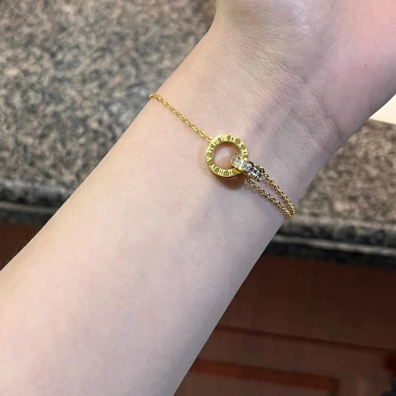 3Pcs Stainless Steel Gold Plated French Roman Numeral Zircon Necklace Bracelet Earrings for Women