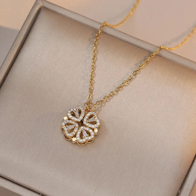 Sparkling Heart-shaped Four Leaf Clover Zircon Pendant Necklace Deformed 4-in-1 Love Titanium Steel Necklace Jewelry