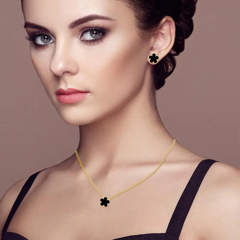 Five Clover Leaf Flower Stainless Steel Gold plated Necklace & Earrings Set for Women