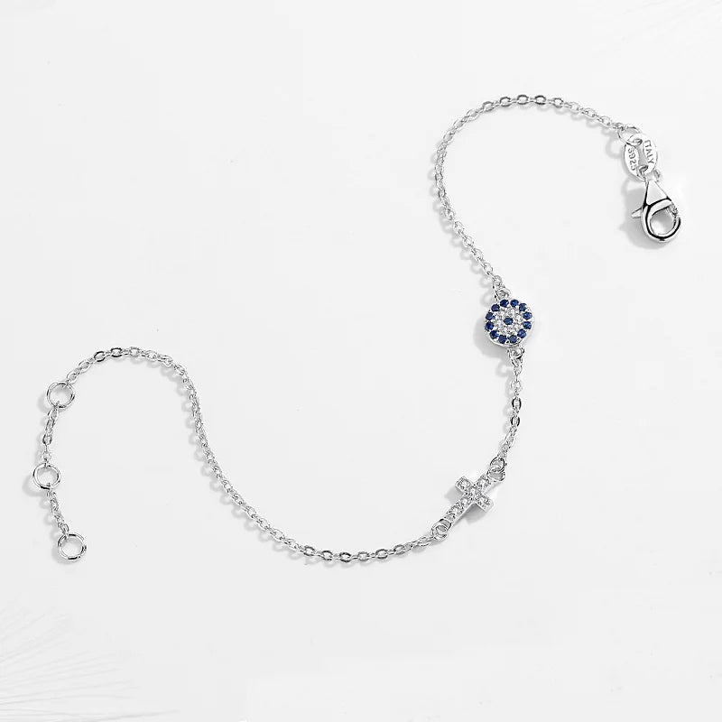 Blue Evil Eye Cross Bracelet 925 Sterling Silver Small Bracelets For Women Good Luck CZ Jewelry