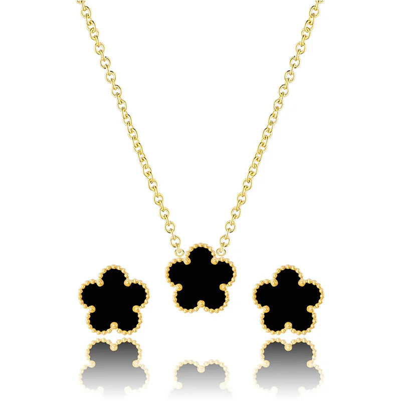 Five Clover Leaf Flower Stainless Steel Gold plated Necklace & Earrings Set for Women