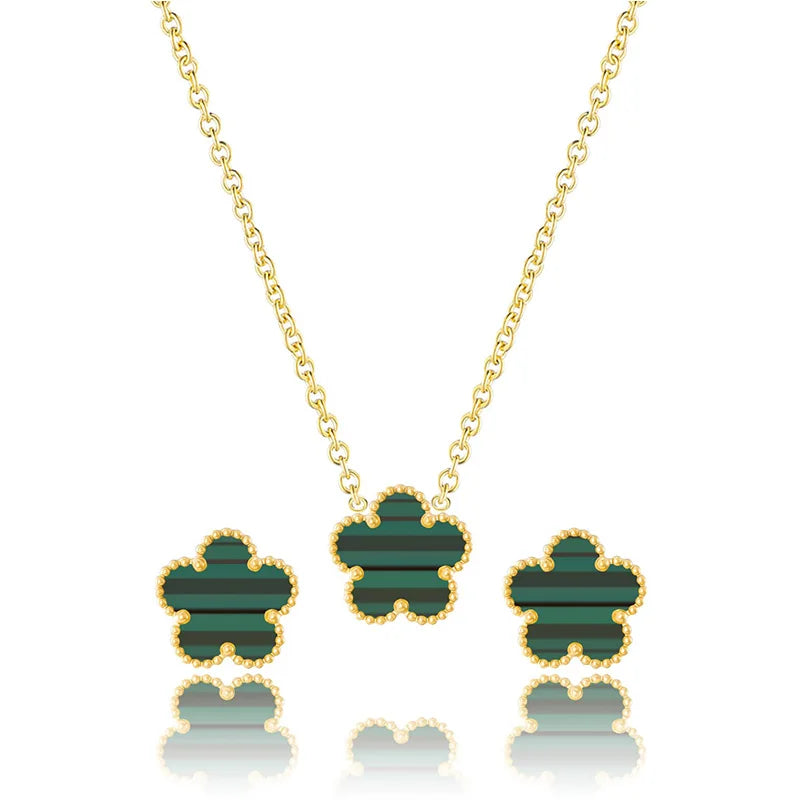 Five Clover Leaf Flower Stainless Steel Gold plated Necklace & Earrings Set for Women