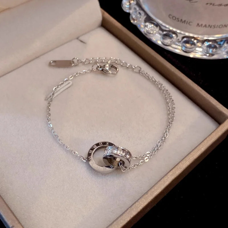 3Pcs Stainless Steel Gold Plated French Roman Numeral Zircon Necklace Bracelet Earrings for Women