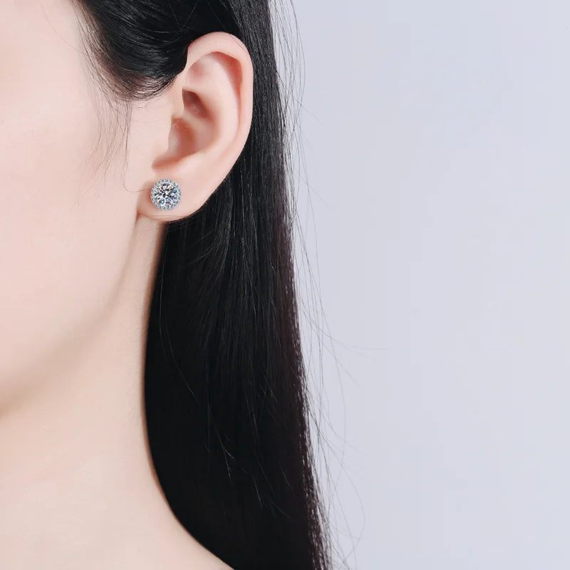 1ct D Color Moissanite Sterling Sliver Halo Stud Earrings For Women