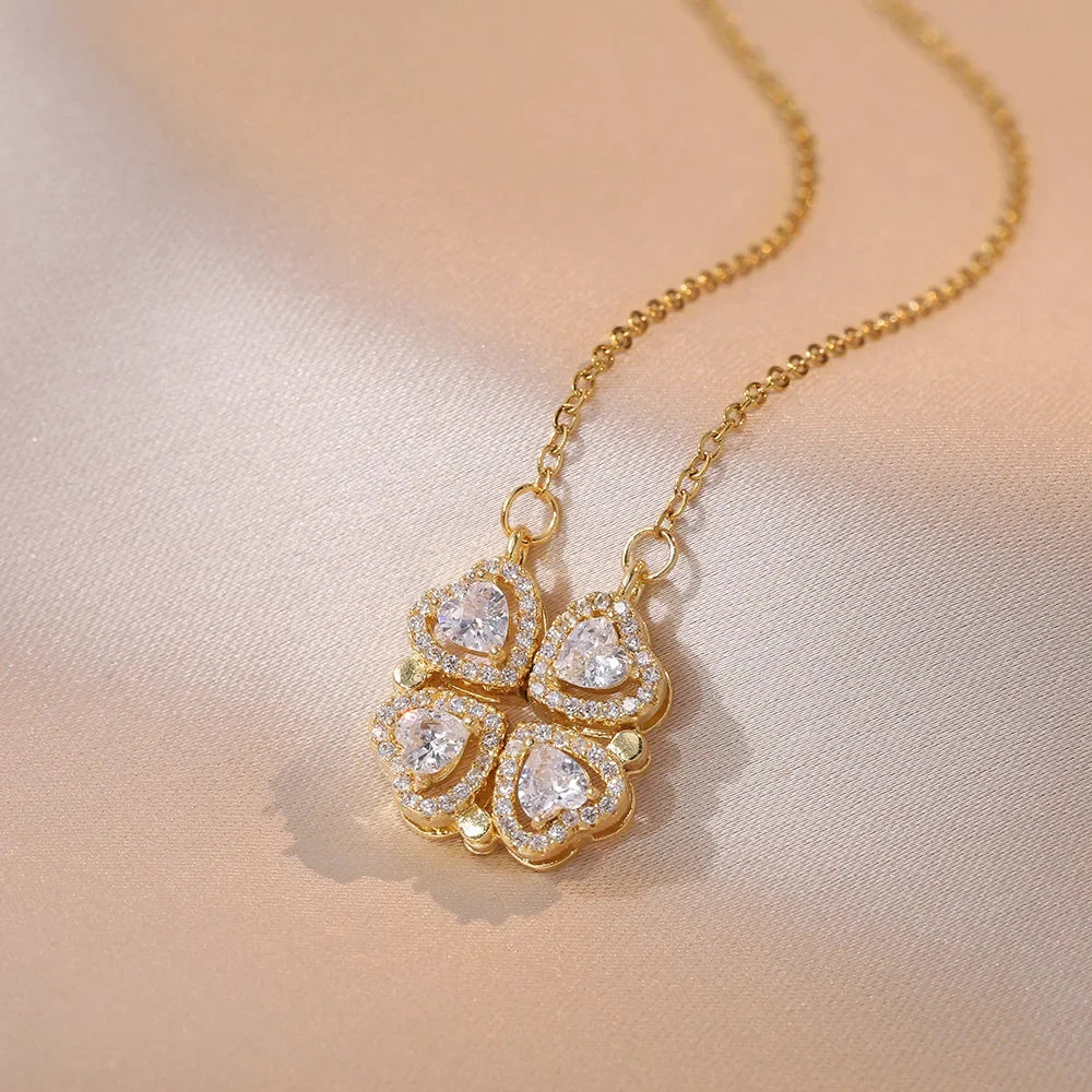 Sparkling Heart-shaped Four Leaf Clover Zircon Pendant Necklace Deformed 4-in-1 Love Titanium Steel Necklace Jewelry