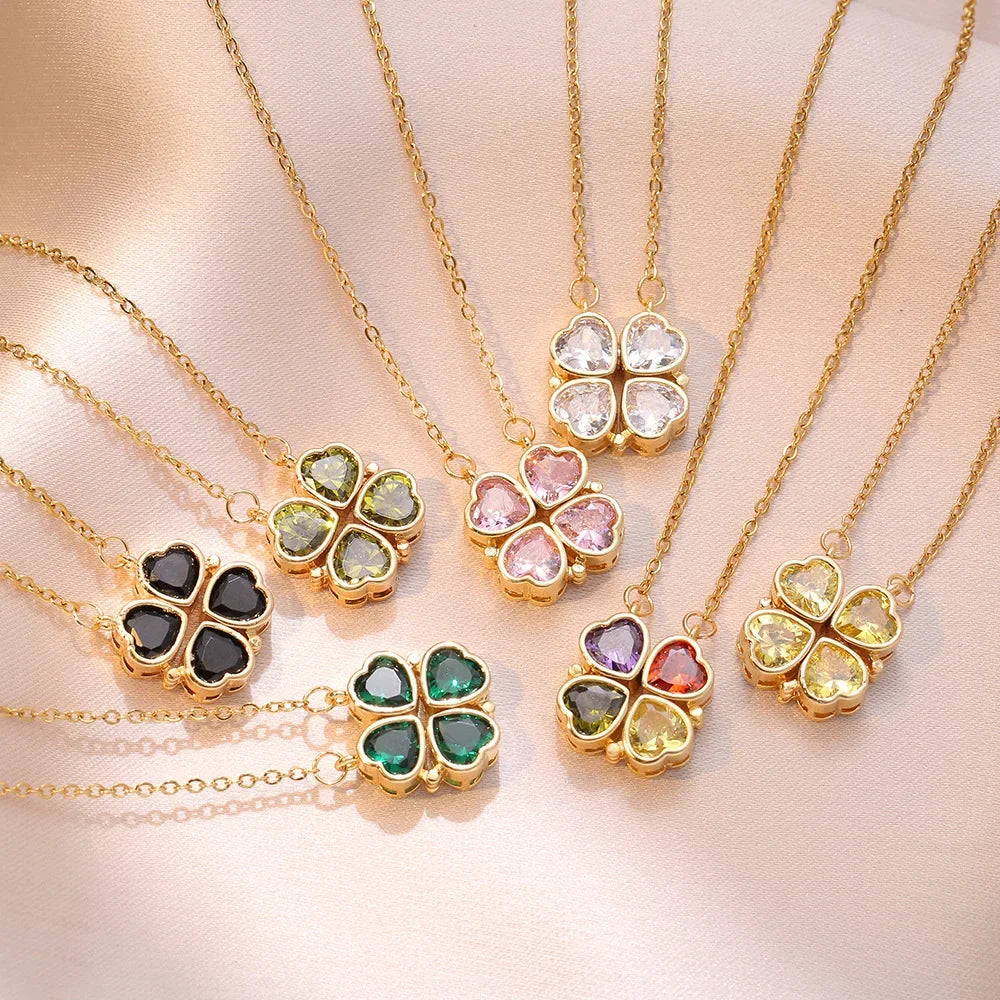 Sparkling Heart-shaped Four Leaf Clover Zircon Pendant Necklace Deformed 4-in-1 Love Titanium Steel Necklace Jewelry